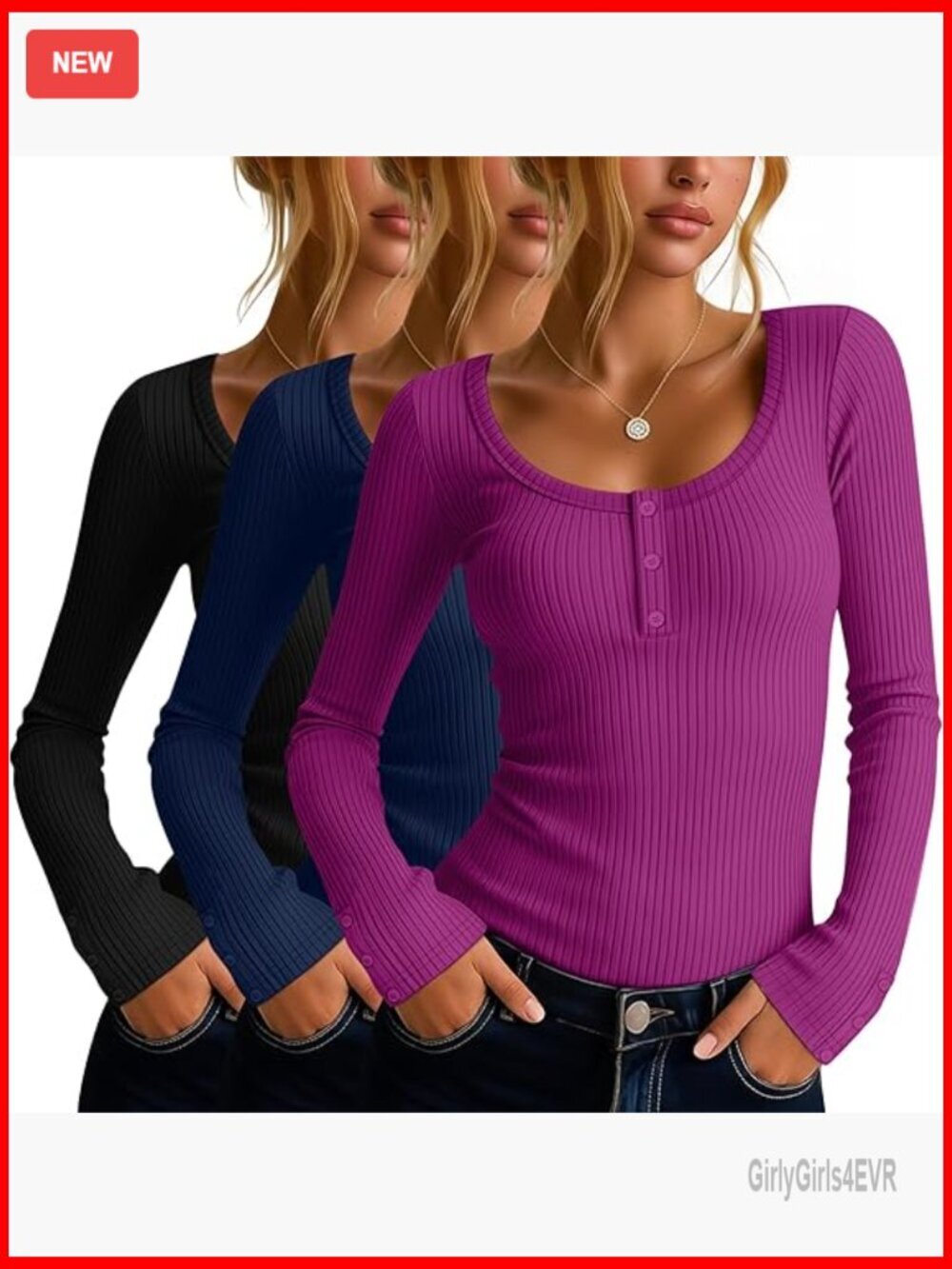 3 Pack Long Sleeve Henley T Shirts Button Down Scoop Neck Ribbed Knit Slim Fit